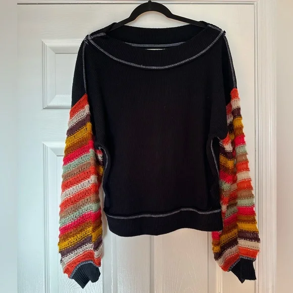 We The Free Black Sweater with Multicolor Striped Sleeves - Picture 2 of 5